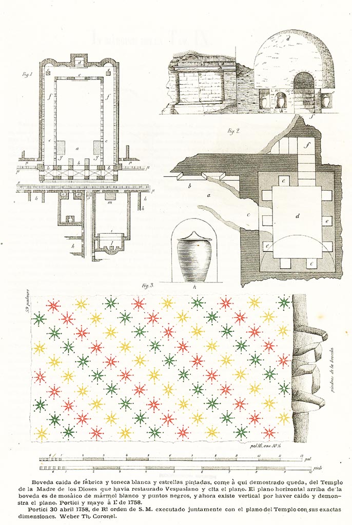 Ins. Orientalis II.4/19, Herculaneum. 1885 drawings by Ruggiero.
Fig. 3 shows the ceiling at Ins. Or. II.4/19 said to be the Temple of the Mother of the Gods, but exact location is unknown.
Fig. 1 shows the Augusteum.
Fig. 2, shows a drawing of the Columbarium.
(Note this is shown a different way round from the drawings by Bellicard and Barker.)
See Ruggiero, M. (1885). Storia degli scavi di Ercolano ricomposta su’ documenti superstiti. Tav VIII.
